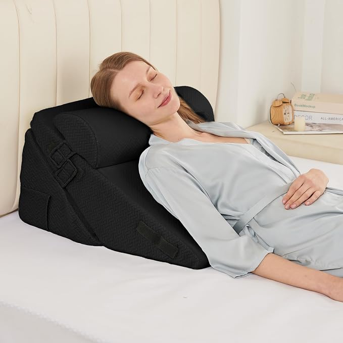 Sasttie Adjustable Wedge Pillow Set for After Surgery, Black | Bed Wedge Pillow Headboard with Memory Foam Neck Cushion, for Acid Reflux, Sleeping, Neck & Back Support