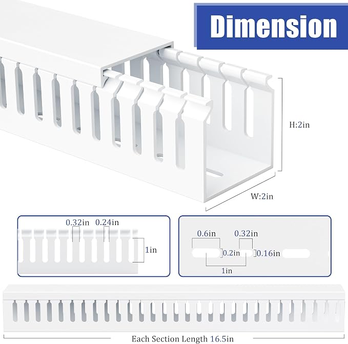 2" H x 2" W Cable Raceway, 33in Under Desk Wire Management Channel, White | Slotted Wire Duct, 2Pack, 16.5in Each, Heavy-Duty PVC Cable Management for Server Racks, Network Cables & Electrical Cabinets