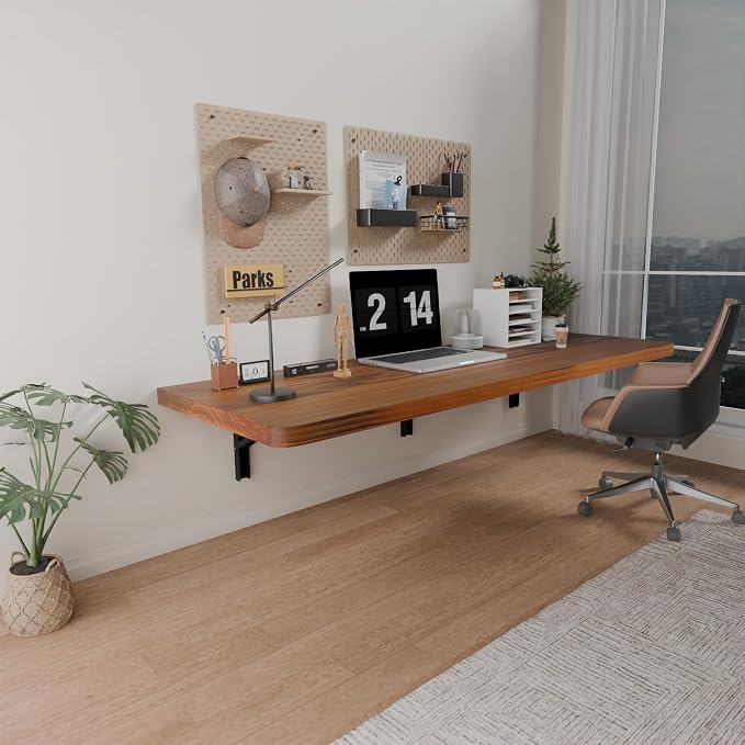 IAE Wall Mounted Folding Table with Pine Wood,48" x 16" Floating Wall Desk,Laundry Folding Table with Shelf Brackets,Fold Down Desk Shelf,Fold Workbench for Apartments,Home,Laundry Room,Kitchen,Teak