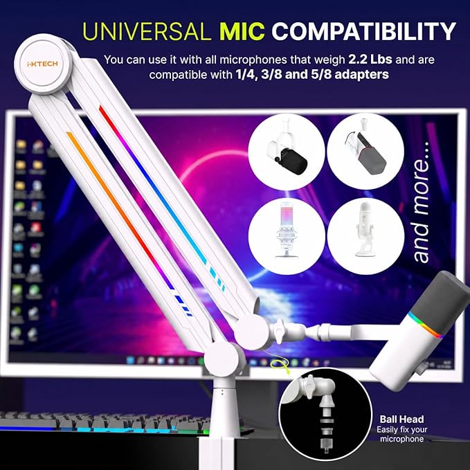 IXTECH RGB Mic Boom Arm High Profile, Overhead Boom Arm Microphone Stand Desk Mount, Adjustable Microphone Stand with Desk Mount, Mic Arm for Live Streaming Gaming Podcasting Recording.