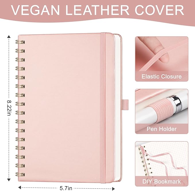 AHGXG Dotted Journal Spiral Notebook 8.5" x 11", Large A4 Leather Hardcover Dotted Notebook, 100 GSM Thick Dot Grid Paper, Inner Pocket, for Dotted Journaling, Rose Gold