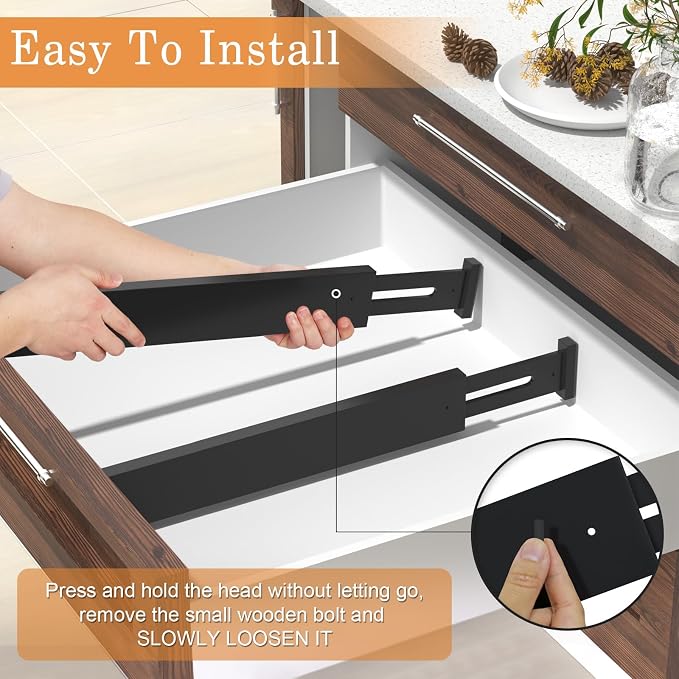 Bamboo Drawer Dividers, Adjustable Drawer Organizers, Fits 17.6–21" Drawers | 2.5" High, 8 Pack Expandable Drawer Separators for Kitchen, Nursery, Dressers & Office Storage, Black