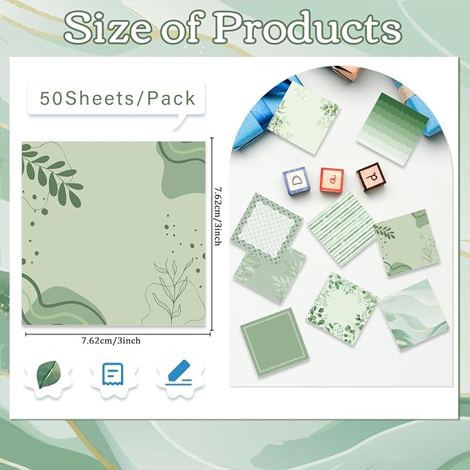 Aesthetic Sticky Notes Gifts, 9 Pack Green Aesthetic Notepads 3x3 Inch Gifts for Coworkers Students, Sage Green Memo Pads Office School Supplies for Men Women (450 Sheets)