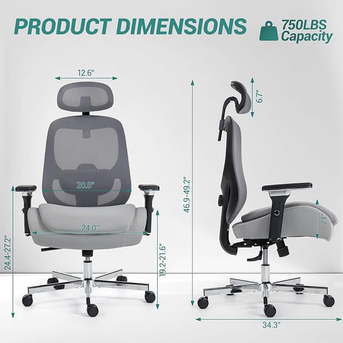 Big and Tall Office Chair 750lbs, Heavy Duty Ergonomic Mesh Desk Chair, 500+lbs Capacity, Extra Wide Seat, High Back Executive Computer Chair for Heavy People, Grey