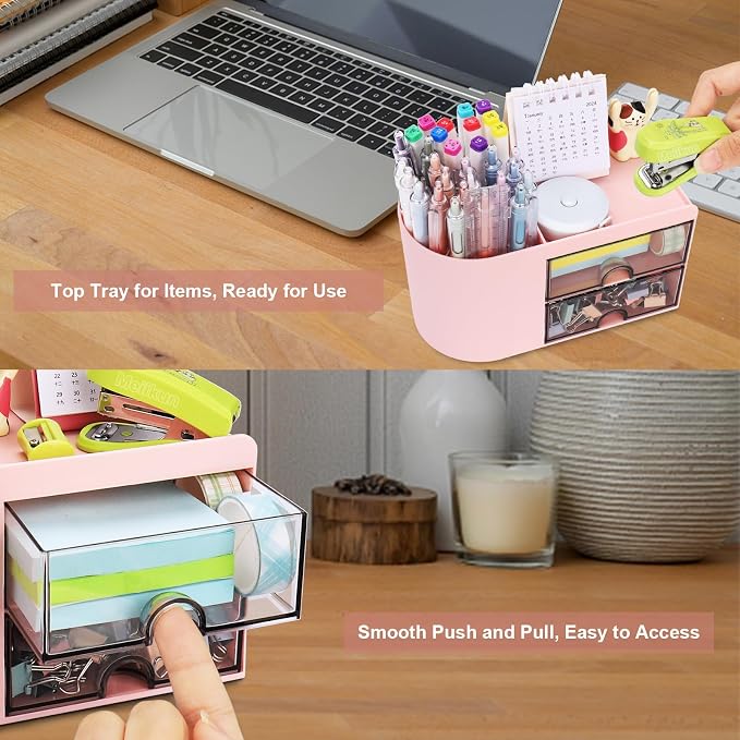 Meiikun Desk Organizer with Drawer, Pen Organizer for Desk, Small Pencil Holder, Desk Organizers and Accessories for Office Home Storage (2 Drawers+4 Compartments, Pink)