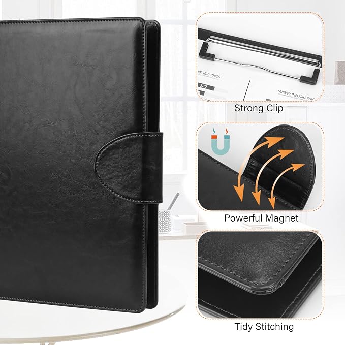 Toplive Portfolio 3 Ring Binder Padfolio Folder, Business Interview Resume Portfolio for Women Men A4/Letter Size Document Organizer with Clipboard Receipt Sleeve Card Holder, Black