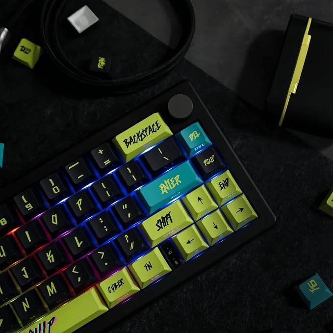 PBT Keycaps V2 Cyberpunk Keycaps Shine Through Side Printed Thick Cherry Profile 130 Keys Dye Sub Custom Set for ISO ANSI 60 65 75 100 Percent Mechanical Keyboard -Cyber Lemon v2