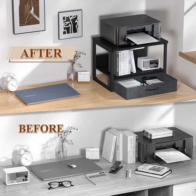 MARTY Desktop Printer Stand with Storage Drawer, Printer Riser for Desk | 2 Tier Printer Shelf, Small Printer Table for Home Office, for Fax Machine Copier Scanner, Desk Organizer, 17.1"x12.4", Black
