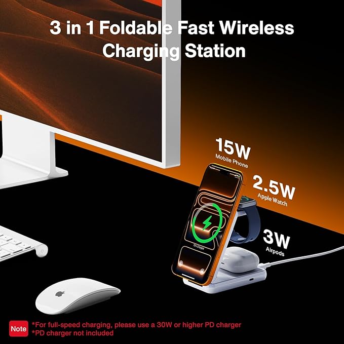 iVANKY Qi2 Certified Wireless Charging Station for iPhone 17, 3 in 1 Foldable Charger for MagSafe Magnetic Stand for iPhone 17/16/15/14/13/12/11/X Pro/Max/Plus/Air, Apple iWatch, Airpods
