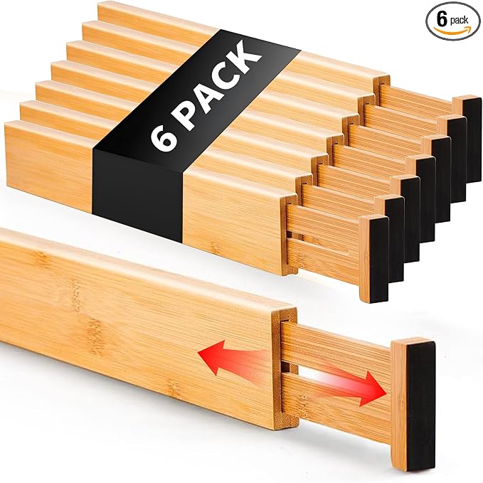 6 Pack Wood Drawer Dividers - Expandable Wooden Drawer Separators for Kitchen Utensils Dresser Wardrobe