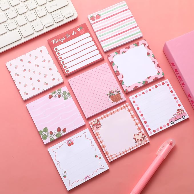 9 Pads Cute Sticky Notes Cartoon Self Stick Notepads 3x3 Inches Notes Adhesive Memo Pad Office Decor Gifts for Students School Teacher Office Meeting(Strawberry)