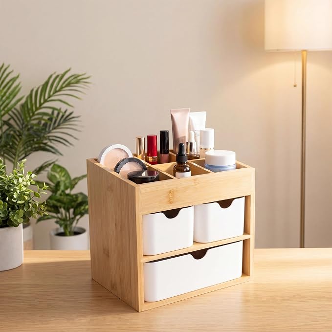 Small Bamboo Makeup Organizer with 3 Drawers | Wood Makeup Organizer, Dresser Cosmetic Box Organizer, For Home, Adjustable Dividers