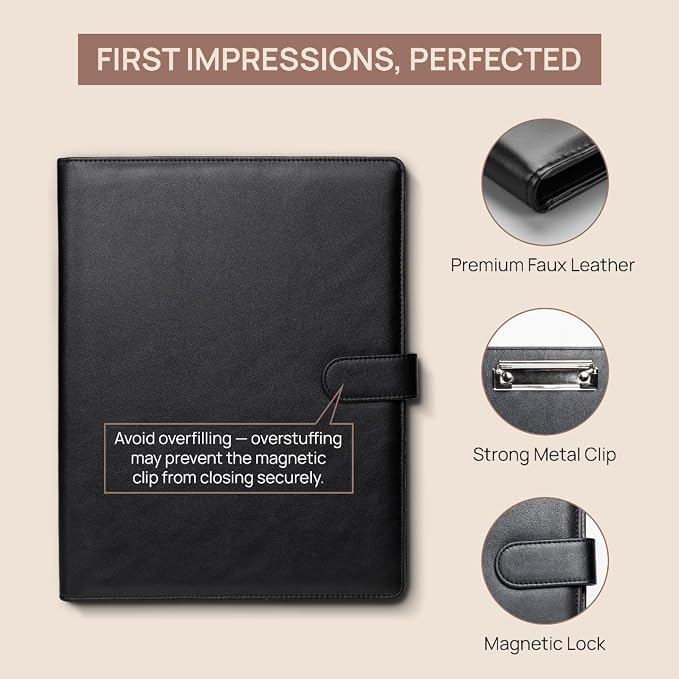 Professional Padfolio with Notepad Included | Faux Leather Portfolio Folder with Clipboard, Resume Folder, Legal Pad Holder, Business Card Holder | A4 Letter Size | Black