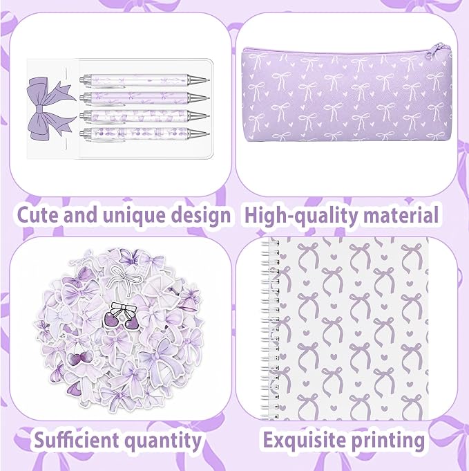 Sayglossy Purple Bow Stationery Gift Coquette School Supplies Set Include Pens Aesthetic Journal Notebook Pencil Case and Stickers Preppy Back to School Supplies for Girl Students
