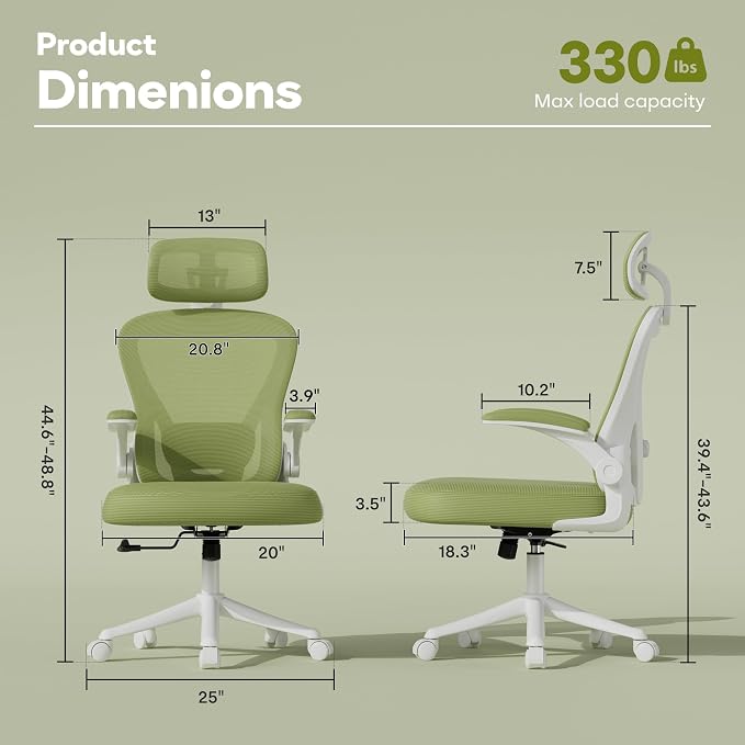 SeekFancy Ergonomic Office Chair M903, Computer Desk Chair | High Back Mesh Office Chair with Adjustable Lumbar Support, Headrest, Flip-Up Armrests, Wheels, 330LBS Capacity, Green