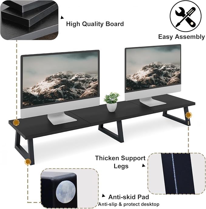 TEAMIX 42 inch Large Dual Monitor Riser, Desk Organizer Stand for TV Laptop | Extra Long Computer Stand Shelf, Wood & Steel TV Riser, Holds 300lbs, Keyboard & PS5 Storage Below, For Home Office & Gaming