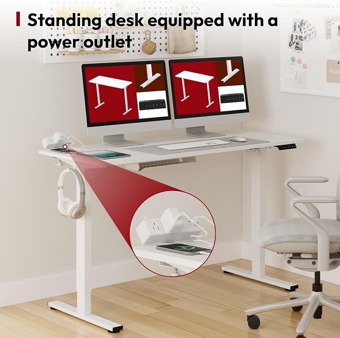 SANODESK Electric Standing Desk with Desk Clamp Power Strip 55"x 28" Whole-Piece Desktop Height Adjustable Stand Up Desk with Cable Management Sit Stand Home Office Desk White Frame/White Top