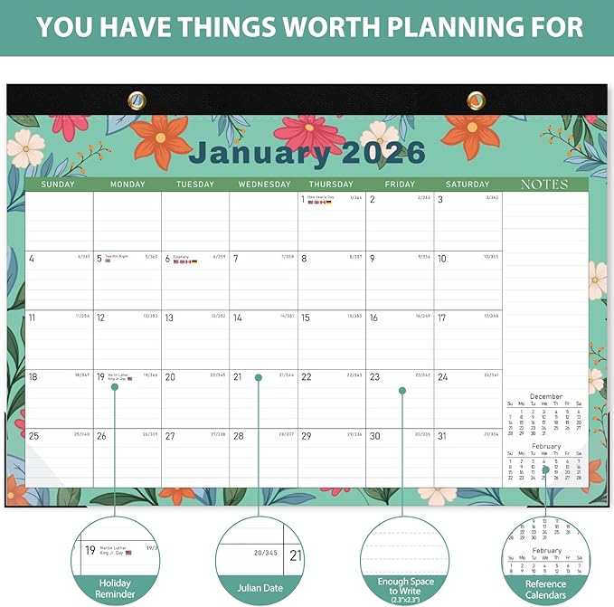 2026 Desk Calendar, Monthly Calendar, 18 Months (Jan 2026 - Jun 2027), Large Desktop Calendar 17" x 12" for Home, Office or School, Watercolor Floral