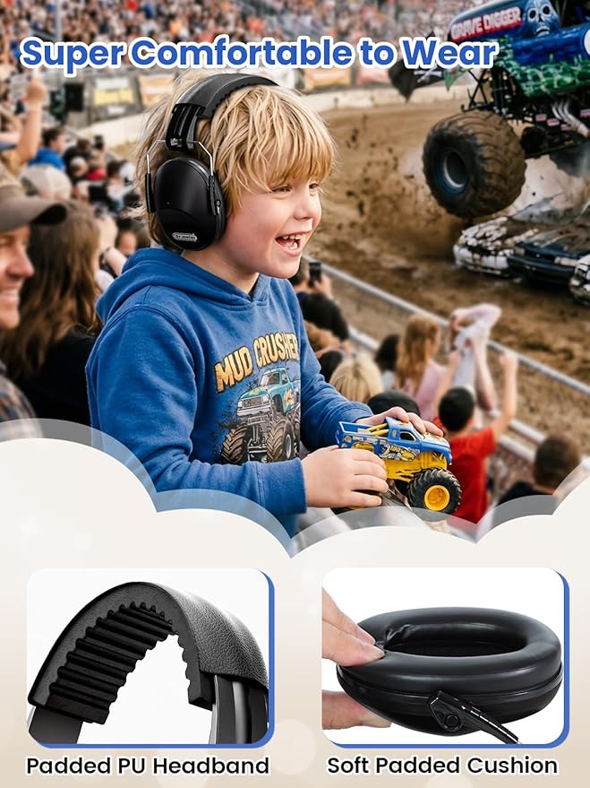 Dr.meter Noise Cancelling Ear Muffs: EM100 SNR27.4 Ear Muffs for Noise Reduction - Kids Noise Cancelling Headphones with Adjustable Headband for Monster Truck Autism Sensory Mowing Firework-Black