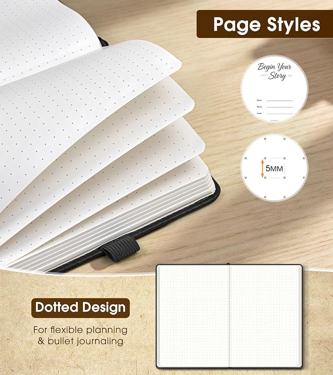 Dotted Journal Notebook, A5 Leather Hardcover, 160 Pages, 180° Lay-Flat Binding, 100 GSM Thick Paper, Dot Grid for Bullet Journaling, Planning & Daily Organization (Black)