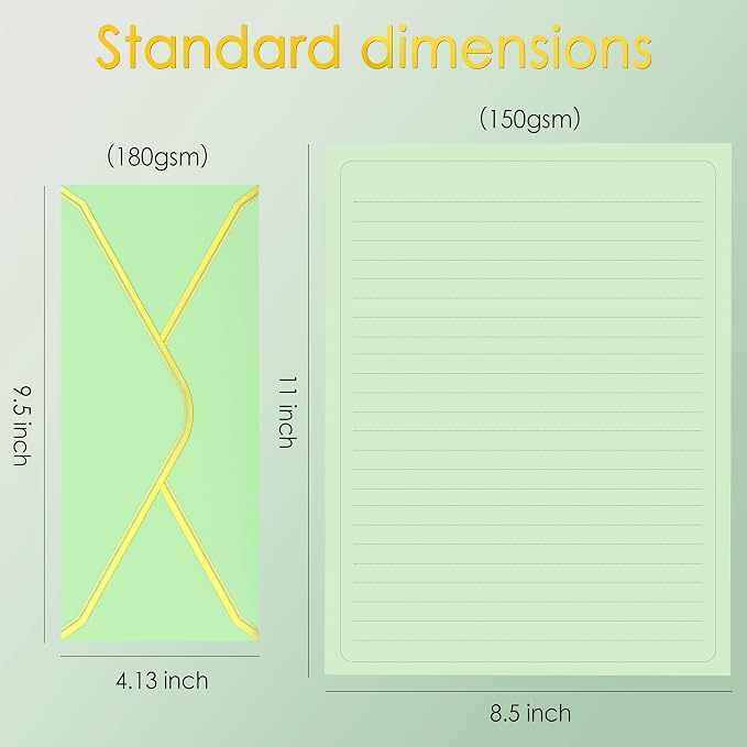 J6&H6 Gold Thread Stationary Paper and Envelopes Set Including 12 Standard Sized Phnom Penh Envelopes and 24 Sheets of Lined Paper Suitable for Daily Emotional Expression Formal Communication(green)