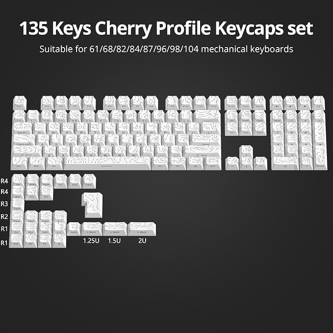 Guffercty kred 135 Key White Keyboard Keycap Set Side Engraved, Cherry Profile PBT Material Translucent Characters Compatible with MX Switches(Form Line)