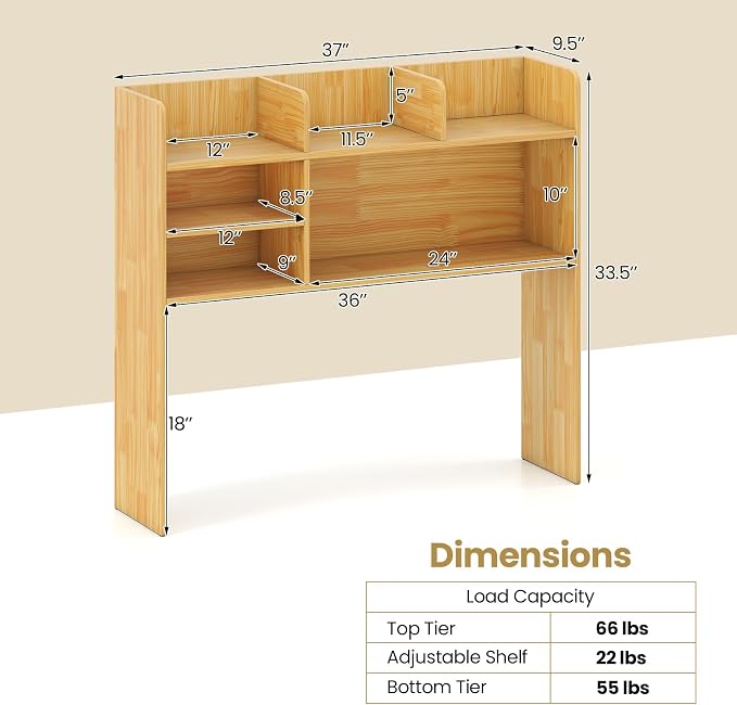 Tangkula Desktop Bookshelf for Computer Up to 32”, 37” Countertop Storage Hutch with 6 Storage Shelves, 3-Tier Desktop Organizer Display Rack, Wooden Desk Hutch for Dorm Home Office (Burlywood)