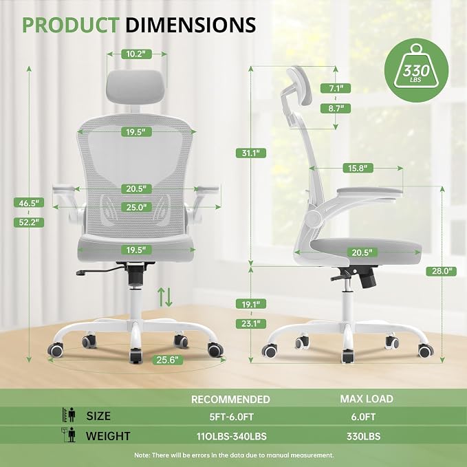 Synorla Office Chair Ergonomic Desk Chair, 330LBS Capacity, High Back Computer Design for Long Hours Comfort, Rolling Swivel for Home Office, Flip-up Armrests, White+Grey