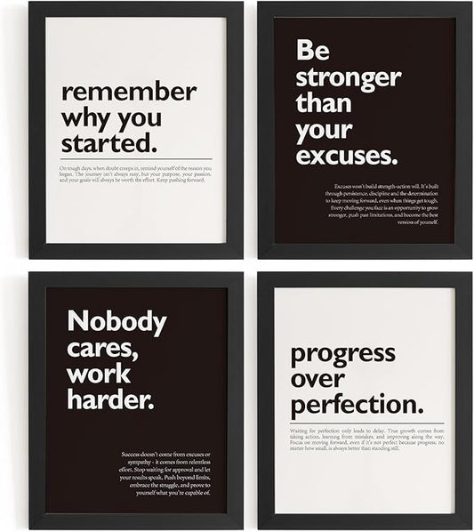 DSHFG Motivational Office Pictures Wall Decor Prints Set of 4, Black Motivational Wall Art Decor Retro Posters Prints for Office Home Decor, 8x10 Unframed