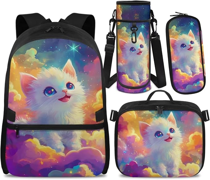 Doojoayie Cat Backapack for Girls 4-6 6-8 Trendy School Backpack for Teen Girls Colorful Cloud Bookbag with Lunch Box, Water Bottle Holder, Pencil Case Heavy Duty School Bags Set of 4