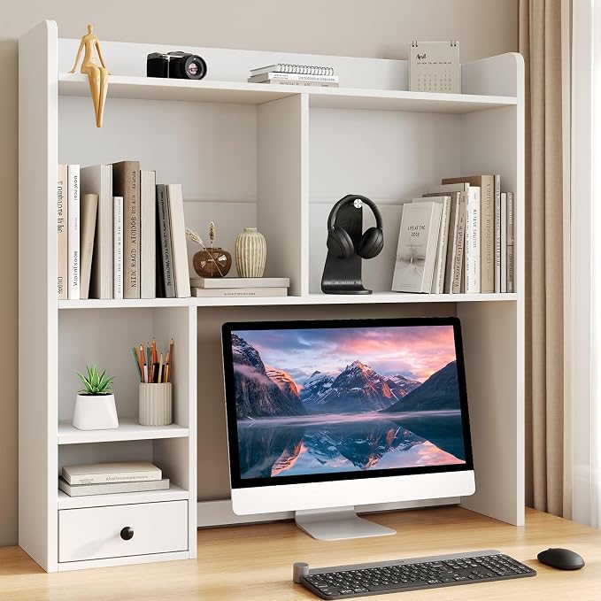 knoworld Desktop Bookshelf for 27" Monitor, Space-Saving Engineered Wood Desk Hutch Organizer with Adjustable Shelves & Drawer, Clutter-Free Tabletop Bookcase for Dorm & Home Office, White
