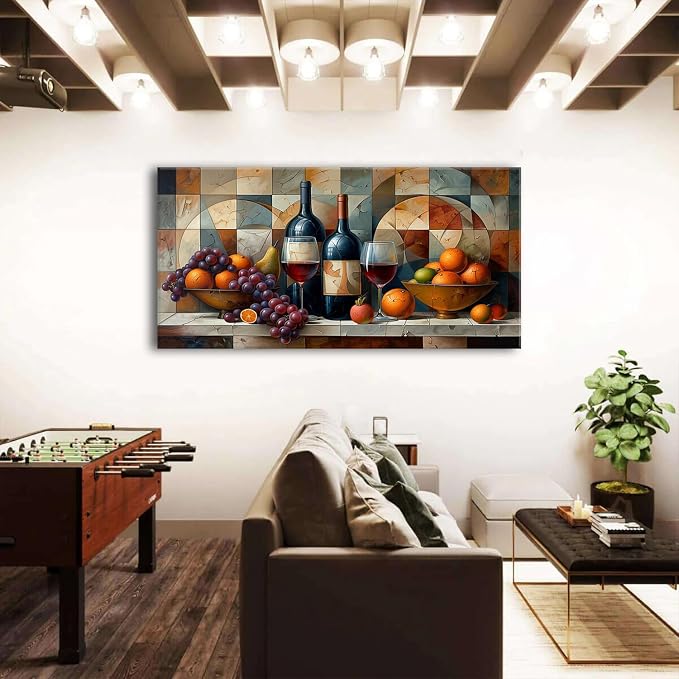 AIYISU Geometric Kitchen Wall Art Abstract Wine Canvas Prints Red Wine Glass and Fruit Pictures Rustic Farmhouse Still Life Painting Wine Bar Decor for Dining Room Restaurant Home Decorations 30x60