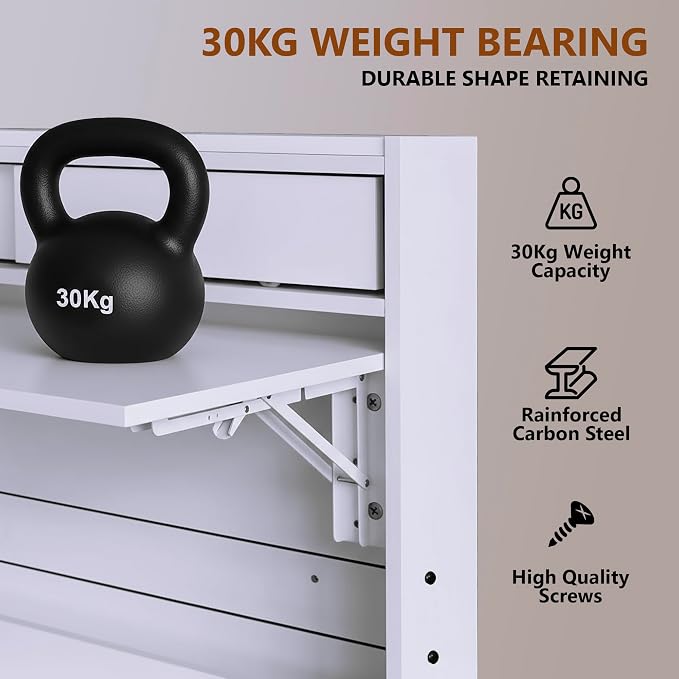 Wall Mounted Desk 31 inches, Folding Table with Shelves, Space Saving Computer Table, Floating Table for Wall, Multi-Purpose Folding Desk Perfect for Workstations, Dining, or Laundry Area.