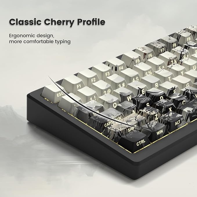 Womier PBT Keycaps Set 130 Keys, Custom White Japanese Keyboard Doubleshot Dye Sub Side Print Shine Through Keycaps 60 65 75 100 Percent, Cherry Profile (Ink Painting)