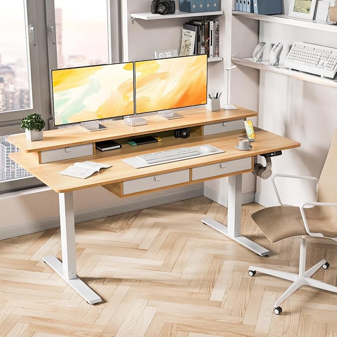 Kingant Electric Standing Desk with 4 Drawers,USB Charging Ports 63"x 30" | Ergonomic Height Adjustable Large Workstation, Heavy-Duty Sit Stand Up Desk For Home Office Daily Work,Nature