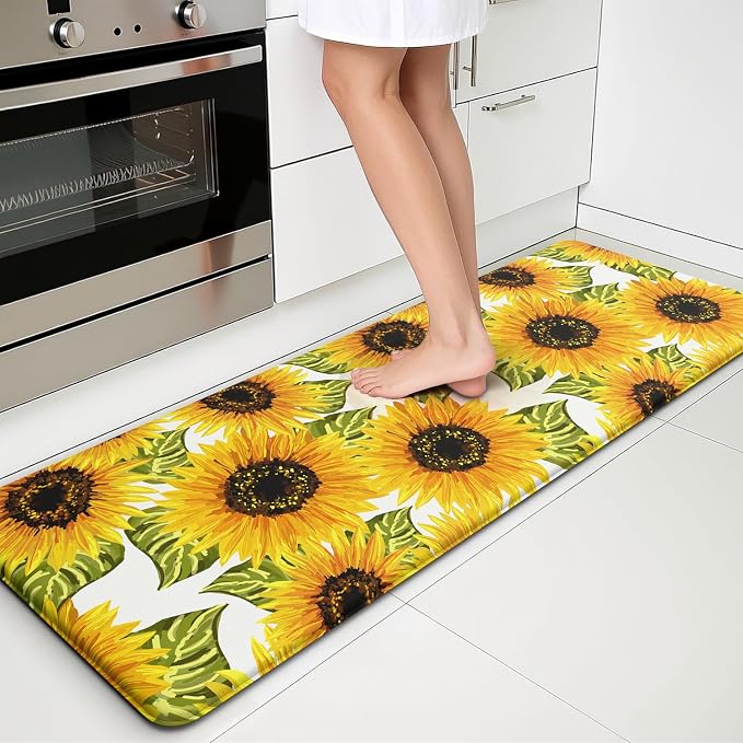 Sunflower Kitchen Decor Kitchen Mat, Cushioned Anti Fatigue Non-Slip | Bright Sunflower Pattern,Yellow docor,Cushioned Comfort,Non-Slip Backing,Waterproof Surface,Easy Clean,Kitchen Sink,Laundry
