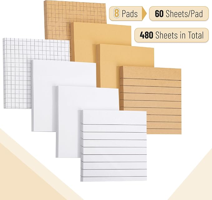 Mr. Pen- Lined Sticky Notes Set, 3”x3”, 8 Pads, 60 Sheets/Pad, Kraft Lined | Blank & Graph Sticky Notes Set, Lined Memo Pads, Self-Stick Note Pad for Office, School, Home, Study & Organization