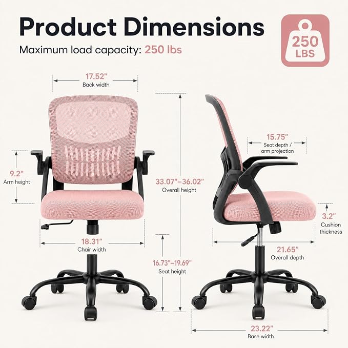 Ergonomic Office Chair, Home Office Desk Chair, Breathable Mesh Desk Chair with Adjustable Lumbar Support and Flip-up Armrests, Game Chairs, 360° Swivel Desk Chairs for Conference, Meeting Room(Pink)