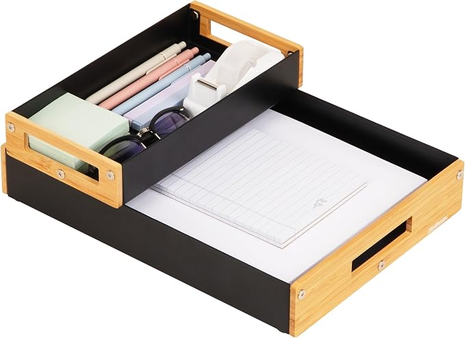 Mind Reader Metal and Wood Tiered Desktop Organizer Trays with Cutout Handles, Stackable Office Storage, Office, Entryway, Coffee Station and Home Organization, Metal and Wood, Set of 2, Black
