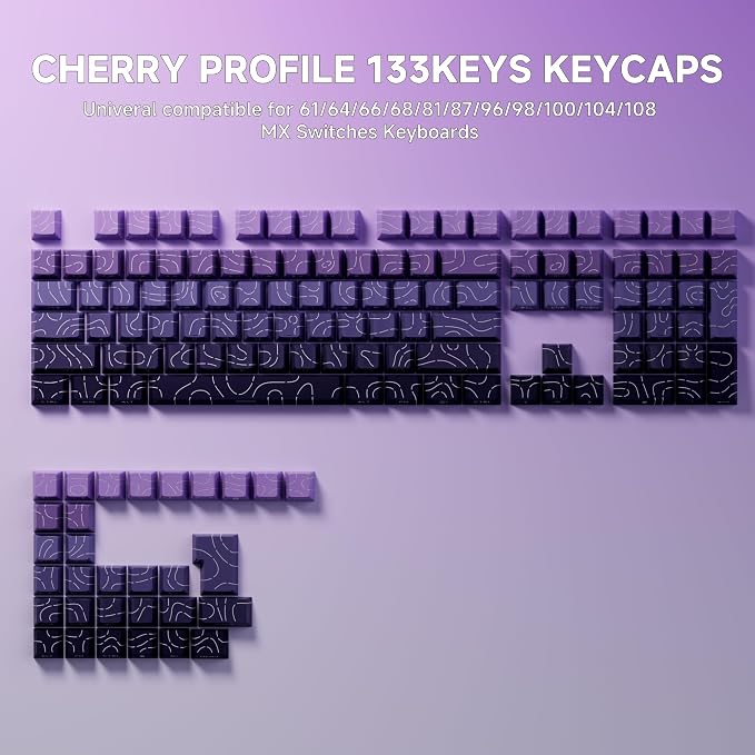 FunHub Shine Through PBT Keycaps - Purple Gradient Topographic Backlit Keycaps Set 133 Keys 60 65 75 100 Percent Cherry Profile,Side Printed Double Shot RGB Key Caps for MX Switches Gaming Keyboard