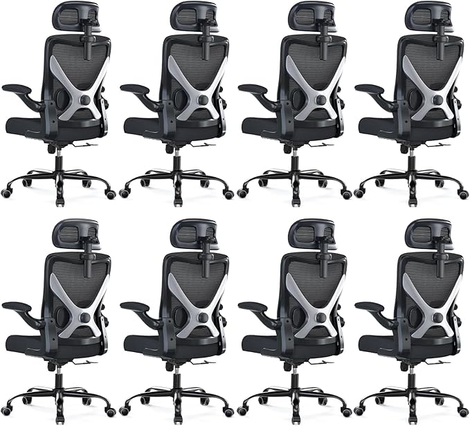 Ergonomic Office Chair: Mesh Desk Chair Comfy with Headrest& Lumbar Support | Ergalithic Big and Tall Office Chairs with Wheels & Flip-Up Arms-Computer Gaming Chairs for Adults (Black-Pack of 8)