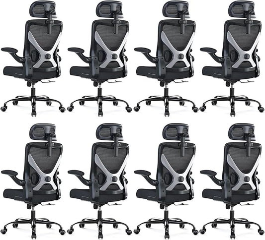 Ergonomic Office Chair: Mesh Desk Chair Comfy with Headrest& Lumbar Support | Ergalithic Big and Tall Office Chairs with Wheels & Flip-Up Arms-Computer Gaming Chairs for Adults (Black-Pack of 8)