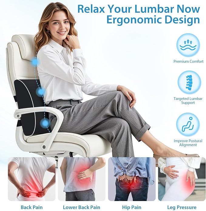 SweetSlubr Large Lumbar Support Pillow for Office Chair, Car Seats and Home Desks, Ergonomic Back Support with Double Adjustable Straps, Machine Washable Cover (Black,XL)