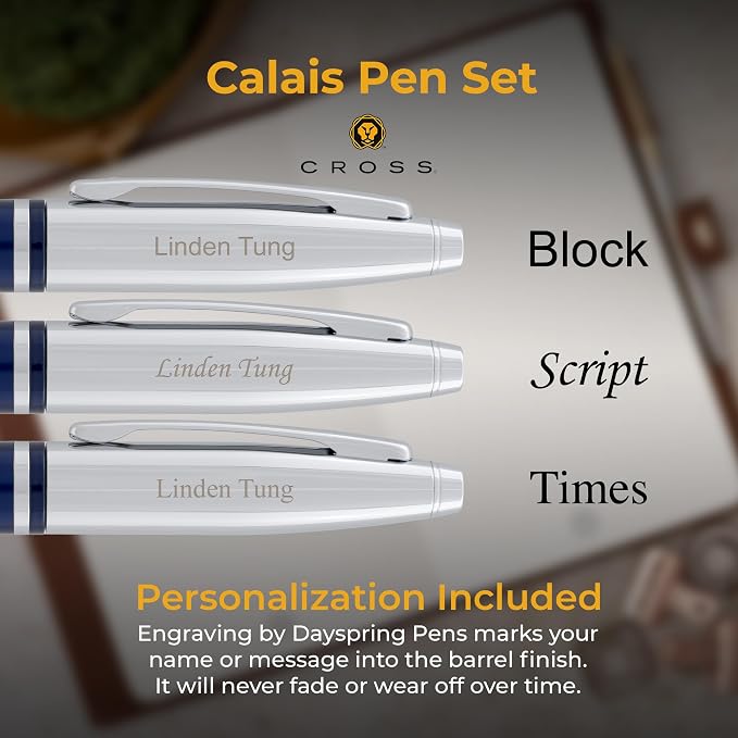 Cross Calais Engraved Ballpoint and Rollerball Pen Set, Blue Lacquer with Chrome Trim, Personalized Gift for Graduation, Retirement, Career Advancement, Executives, Cross Gift Box Included