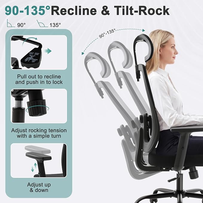 Shintenchi Mesh Office Chair, Ergonomic Home Office Desk Chair with Adjustable Lumbar Support, Headrest, 90°-135° Tilt, Computer Chair for Home Office, Black Task Chair