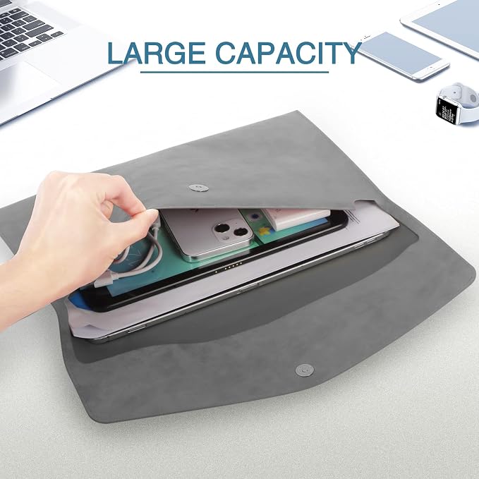 FYY File Folder, PU Leather A4 Document Holder File Organizer Filing Envelope Portfolio Case Tablet Sleeve with Magnetic Snap Closure for Home School Office Stationery Grey
