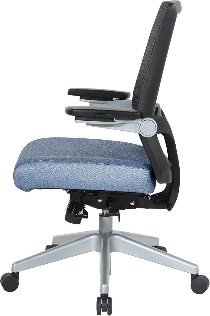 Space Seating 867 Series Adjustable Manager's Chair with Breathable Mesh Back, Lumbar Support and Padded Flip Arms, Blue Fabric Seat with Silver Nylon Base