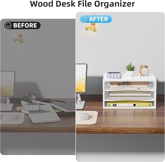 Marbrasse 3 Tier Wood Desk Organizer,Desk Paper Letter Tray Organizer，White | Wooden Desktop File Organizer with Handle and Paper Sorter Mail Holder for Office School & Home Supplies Organization