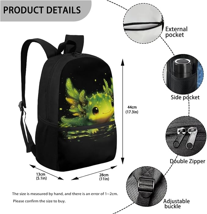 WELLFLYHOM Custom Axolotl 17 Inch School Backpack for Kids 5-6 Girls Kawaii Personalized Book Bag with Lunch Box Pencil Case Water Bottle Case Back to School Supplies
