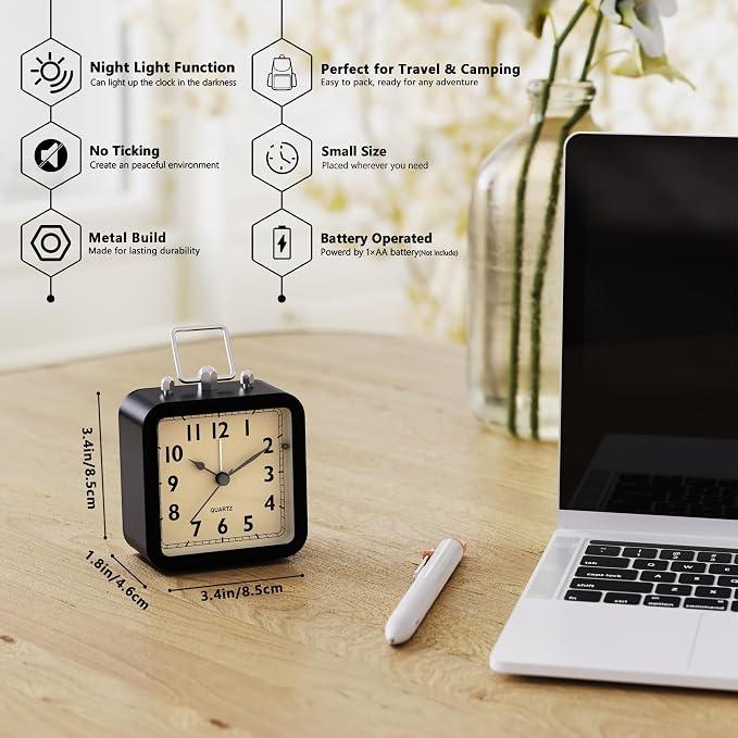 AYRELY® Small Metal Alarm Clock, Desk and Table Clock for Travel | Battery Operated Retro Silent Clock with Light for Bedroom, Bedside, Shelf and Living Room Decor (Matte Black)